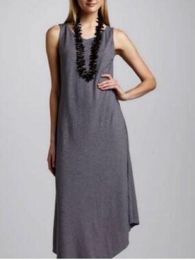 Eileen Fisher Gray Slub Hemp Organic Cotton Asymmetrical Maxi Dress size medium